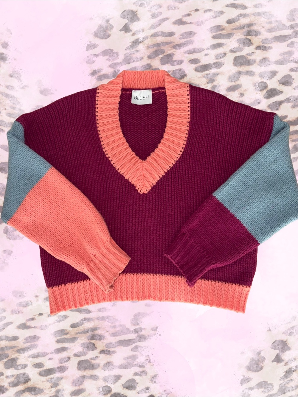 Blush Women's Chunky Colorblock V-Neck Sweater - Berry, Peach & Teal